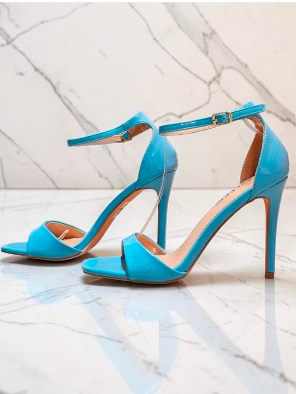 Elegant Blue Patent Leather Stiletto Heels With Ankle Strap & Open Toe For Women